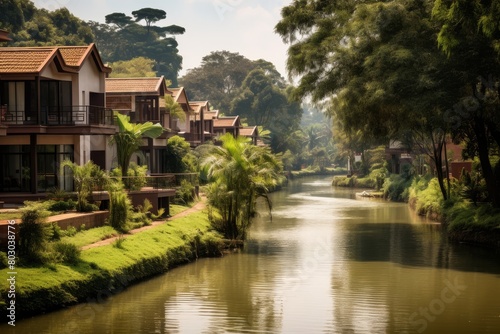 A Serene Afternoon at Riverside Villas: A Detailed Representation of Luxurious Houses Nestled Along a Tranquil Riverbank with Lush Greenery © aicandy
