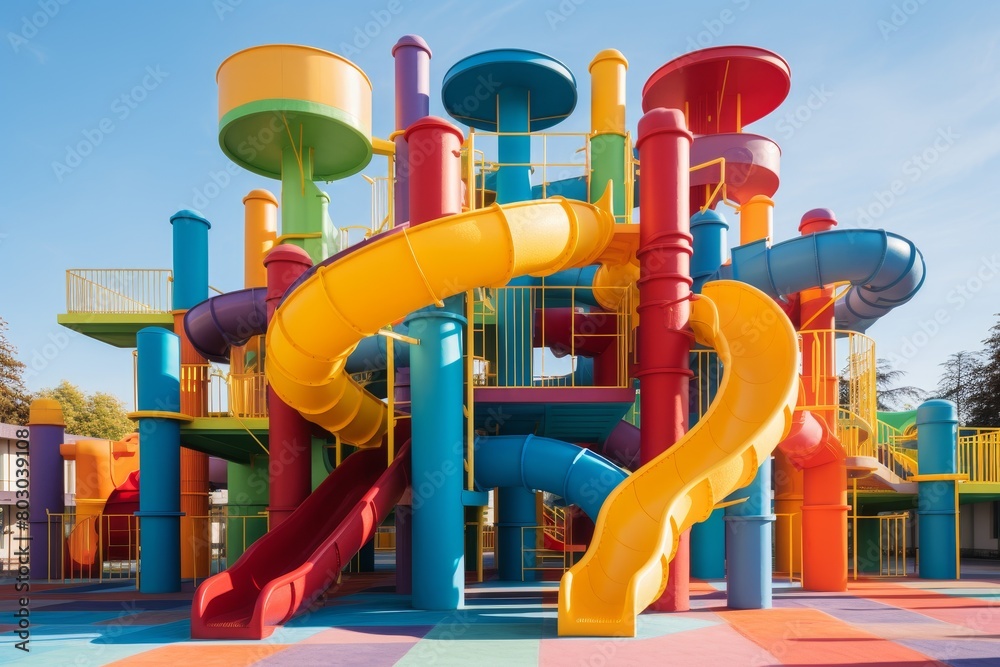 A Vibrant and Colorful Children's Playground Structure in a Public Park, Featuring Slides, Swings, and Climbing Frames on a Sunny Day A Vibrant and Colorful Children's Playground Structure in a Public Park, Featuring Slides, Swings, and Climbing Frames on a Sunny Day