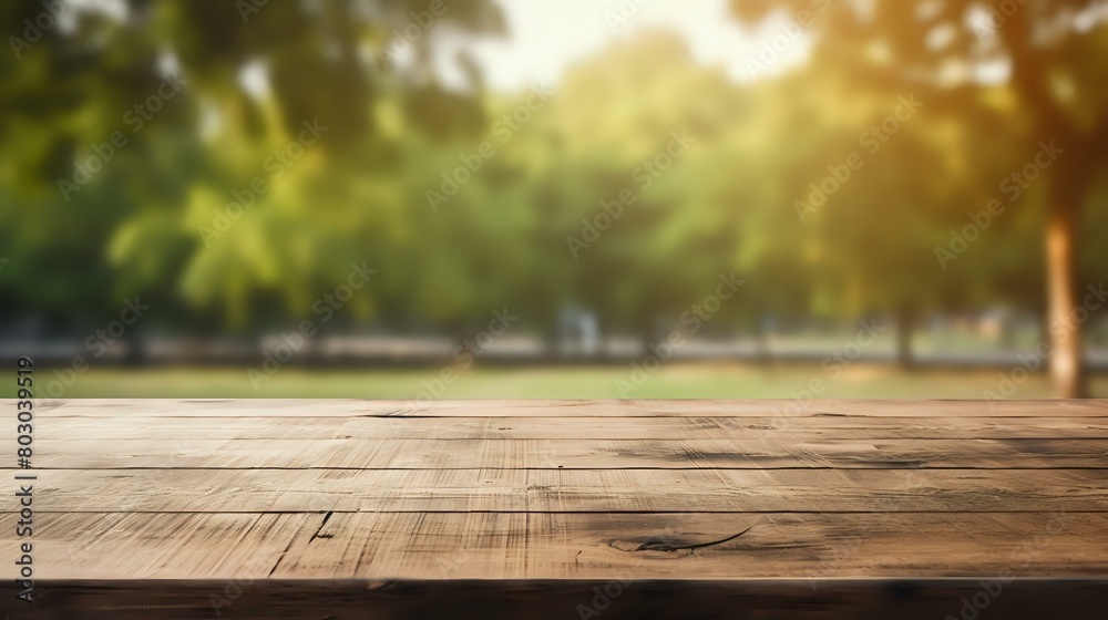 Outdoor Wood Table: Foliage-Framed Setting in Park Background Outdoor Wood Table: Foliage-Framed Setting in Park Background