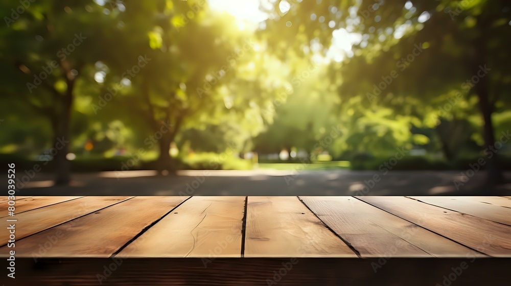 Park Table: Wooden Table Set in Natural Park Background