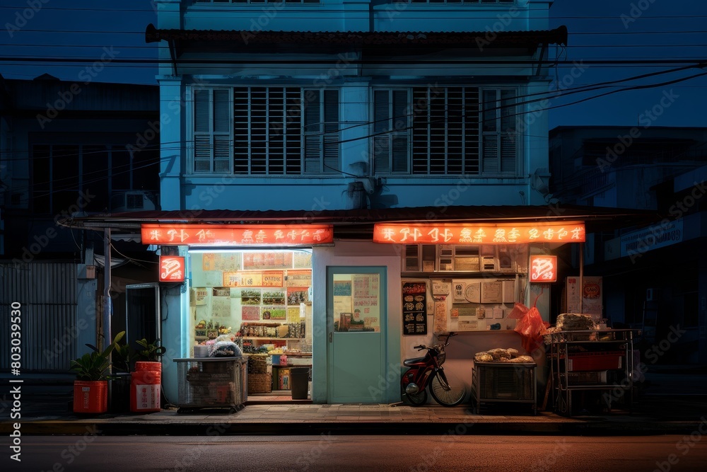 A charming corner store at dusk with a bright, neon signboard illuminating the surrounding architecture A charming corner store at dusk with a bright, neon signboard illuminating the surrounding architecture