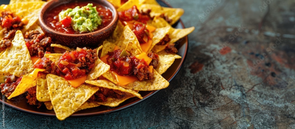 Plate of yellow corn tortilla chips topped with cheese, meat, guacamole, and spicy red salsa on a table with space for text.