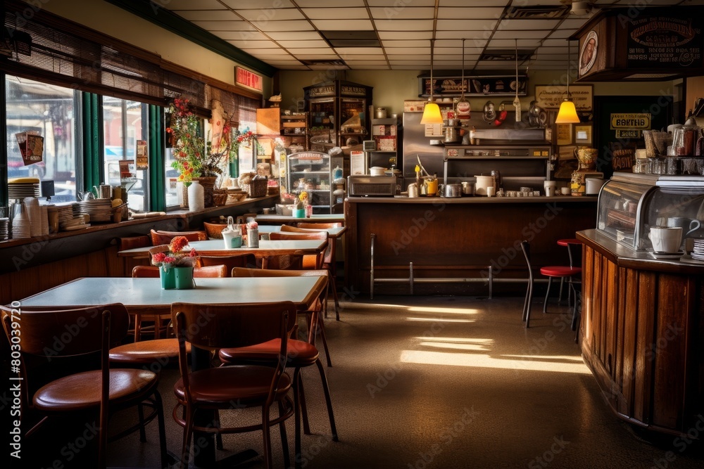 Early Morning View of a Quaint Breakfast Diner with a Vintage Chalkboard Menu Displayed Prominently Early Morning View of a Quaint Breakfast Diner with a Vintage Chalkboard Menu Displayed Prominently