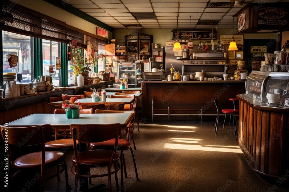 Early Morning View of a Quaint Breakfast Diner with a Vintage Chalkboard Menu Displayed Prominently