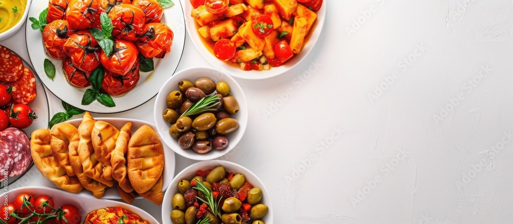 Spanish tapas placed on a white table in a traditional manner, photographed from above with empty space for text. Spanish tapas placed on a white table in a traditional manner, photographed from above with empty space for text.