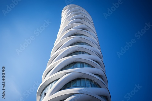 A Majestic View of a Tall Cylindrical Tower with a Spiraled Exterior, Rising High into the Clear Blue Sky