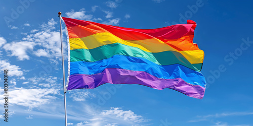 Pride rainbow lgbt gay flag being waved in the breeze on blue sky