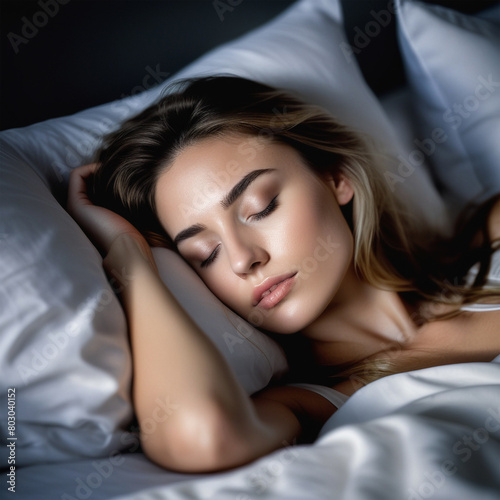 Close-up portrait of a young woman sleeping in her bed. Healthy sleep concept.