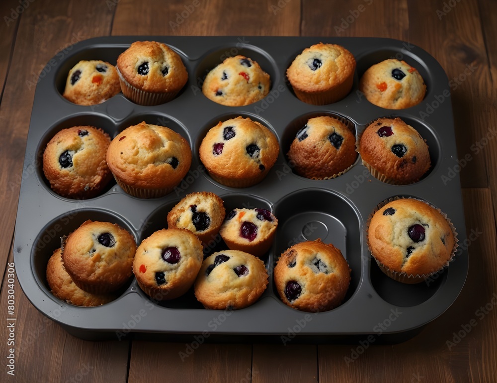 Different Muffins in bakeware or muffin pan on broun wooden background. Basic muffin recipe. Homemade muffins for breakfast or dessert.
Different Muffins in bakeware or muffin pan on broun wooden background. Basic muffin recipe. Homemade muffins for breakfast or dessert.
