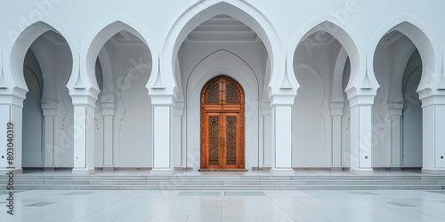 Exterior of an Islamic mosque building with white walls and a wooden door  decorated in Arabic style with decorated arches and wood carvings