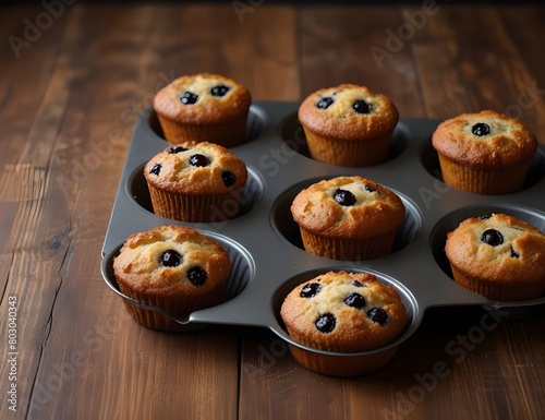 Different Muffins in bakeware or muffin pan on broun wooden background. Basic muffin recipe. Homemade muffins for breakfast or dessert.
 photo