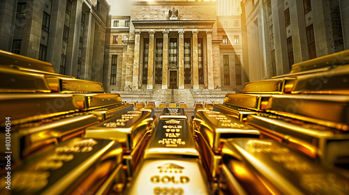 the Federal Reserve Bank of the United States surrounded by stacks of gold bars. This part of the image emphasizes the solid and stable foundation of the country's financial system. photo