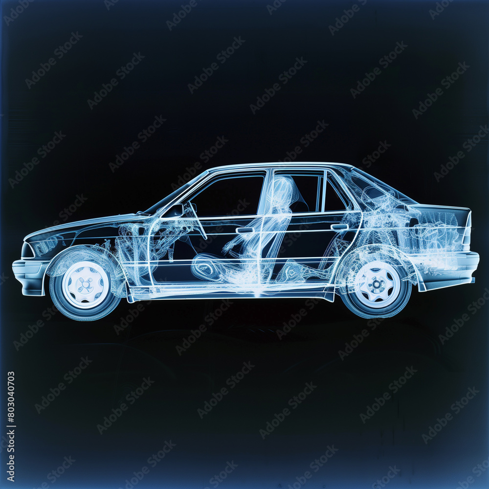 X-ray image of a car showcasing internal mechanics and structure. X-ray image of a car showcasing internal mechanics and structure.