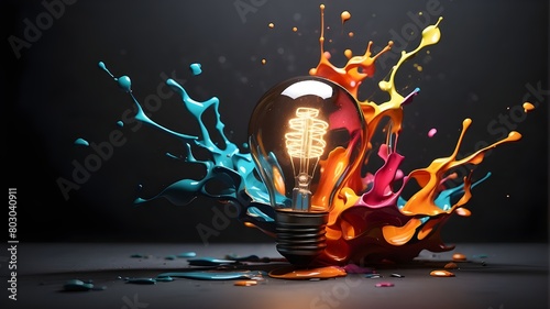 An inventive lightbulb bursts into vibrant paint and splatters against a dark backdrop. Consider unconventional and imaginative concepts. photo