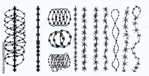 Metal barbed wire borders and sharply barb wire fencing modern symbols set. Prison barbed wire.