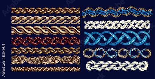 Seamless braid border. Braided nautical plaits and knotted braid ornaments. Modern illustration of braids and knots.