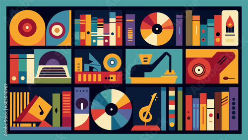 The producers love for jazz is evident in the rows and rows of vinyl albums with different subgenres represented and organized meticulously. Vector illustration