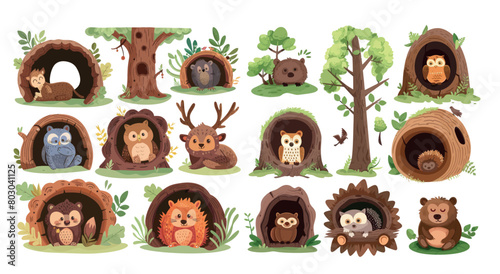 Animals inside hollow houses, burrows and nests. Woodland fauna in burrows and tree hollows. Owl, bear, hedgehog.