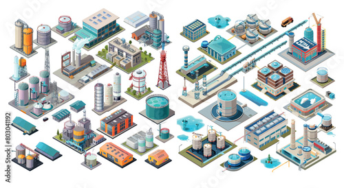 A set of modern illustrations showing isometric industrial factory buildings, warehouses, water purification systems.
