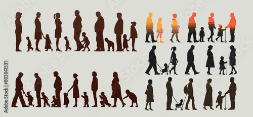 People in different ages, silhouette profiles of men and women through their lifetimes.