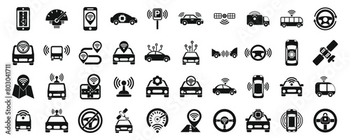 Driverless vehicle icons set simple vector. Future car. Self drive traffic