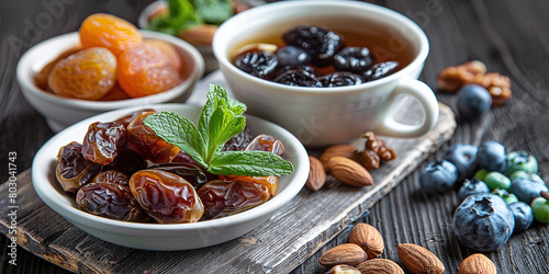 dates, walnuts and dried fruits with mint leaves on the side. Next to him is a cup or bowl filled with black tea.