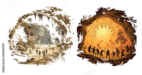 Detailed prehistoric cave drawings of primitive people, stone age art