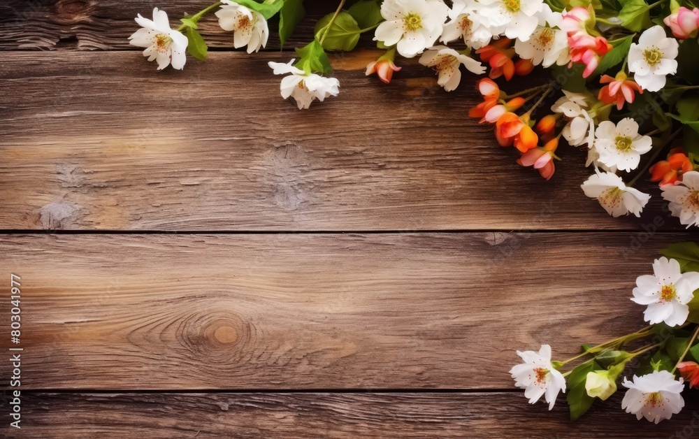 Spring Floral Border on Wooden Background Spring Floral Border on Wooden Background