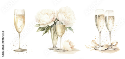 Fototapeta Naklejka Na Ścianę i Meble -  Delicate champagne flutes with floral accents painting