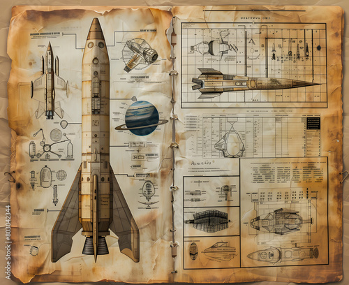 Spaceship schematics, scientific, junk journal printable pages, photo