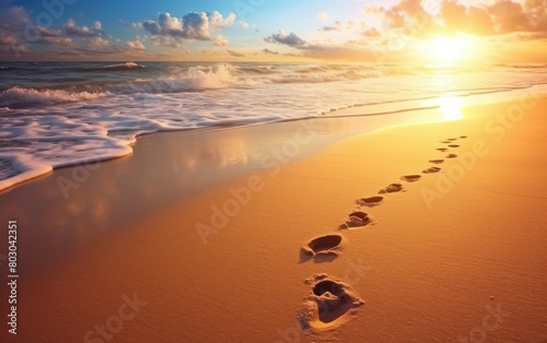 Footprints on a Sandy Beach at Sunset