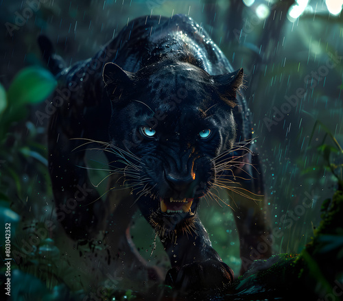 Subject  A sci-fi fantasy black panther  Features  Angry  fierce  Action  Dynamic  Heavy Rain in Jungle Forest  bright eyes in darkness  Type  Jungle Nature Photography  Light  Raking Dramatic Light