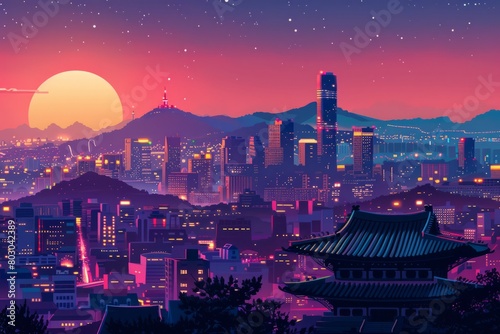 Illustration of Seoul City with vibrant colors photo