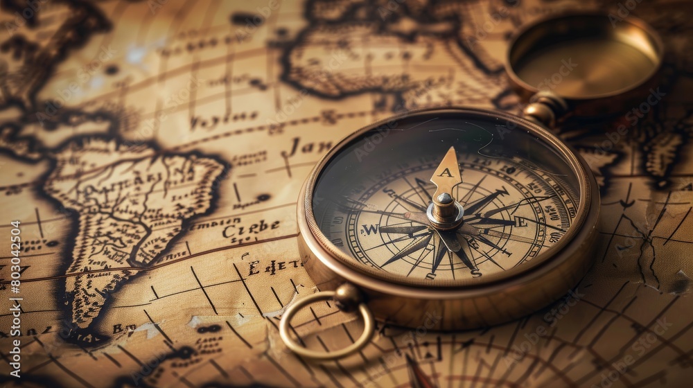Vintage retro compass on ancient map, navigation concept
