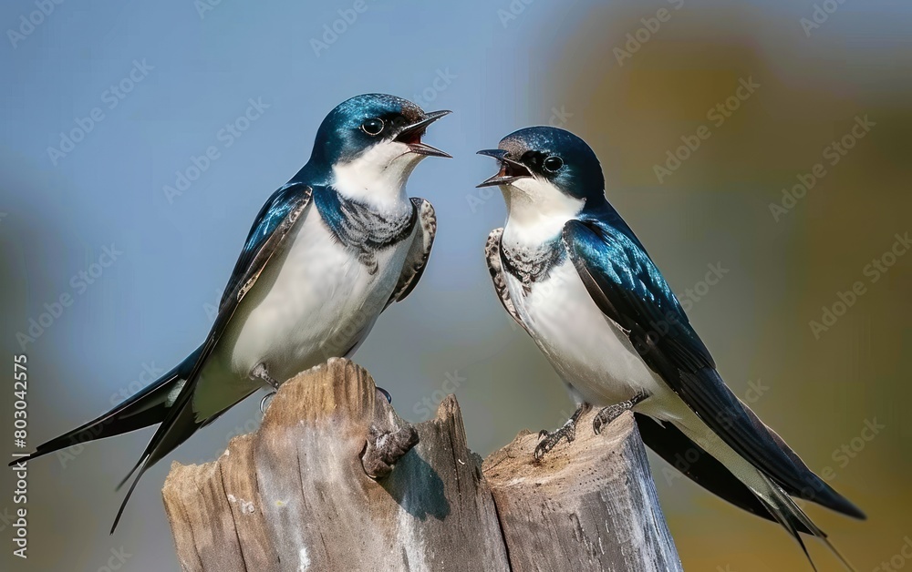 Obraz premium Chatty Swallow Birds on Stump