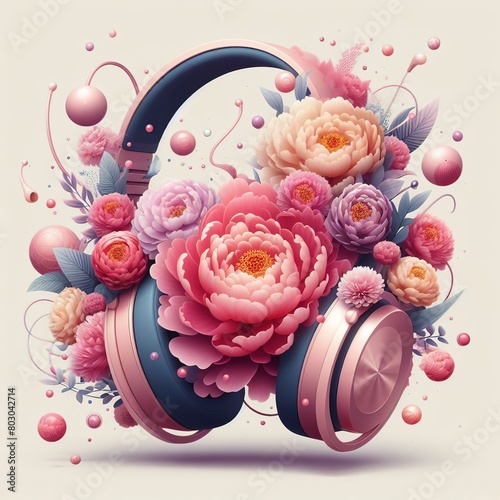 beautiful pink headphones, tsss gorgeous composition of pink and yellow peonies, light background photo