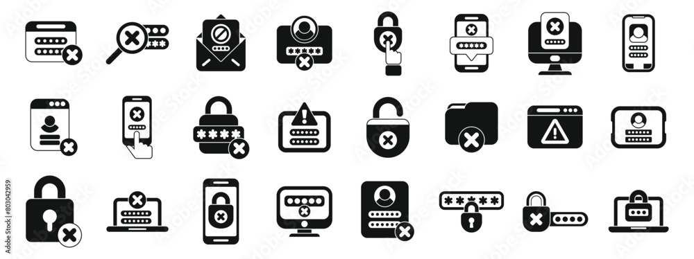 Wrong password icons set simple vector. Lock key forget. Work data shield