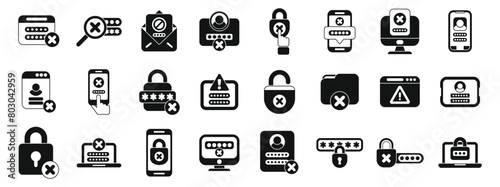 Wrong password icons set simple vector. Lock key forget. Work data shield