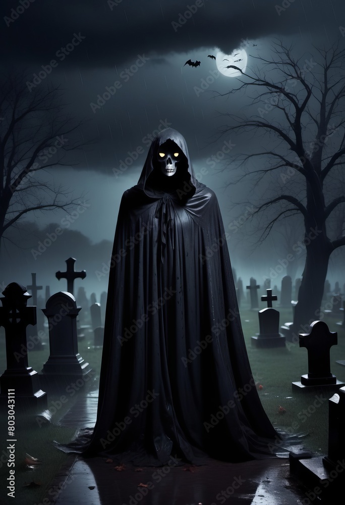 A scary figure in a black cloak, a ghost, in dark foggy cemetery. Halloween concept poster. A scary figure in a black cloak, a ghost, in dark foggy cemetery. Halloween concept poster.
