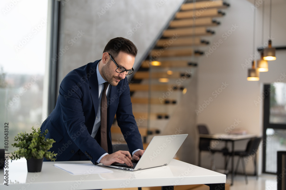 Handsome businessman in suit working at office 