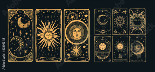 Mystic hand drawn celestial bodies cards. Magical esoteric tarot cards. Magic spiritual, astronomy, sketch vintage cards.
