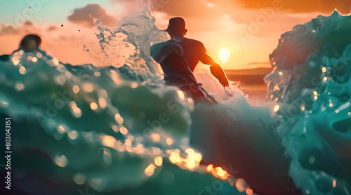 Homme courant dans la mer avec des éclaboussures au coucher du soleil photo