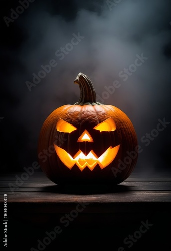 Halloween pumpkin head jack lantern on wooden background, copy space.