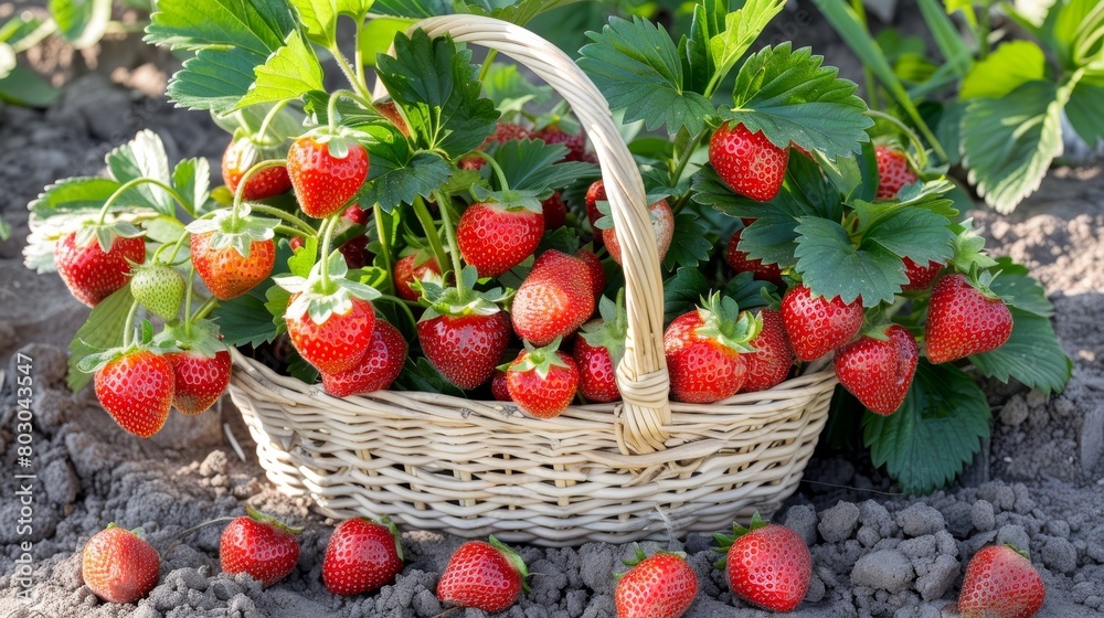 Ripe strawberries showcased in a charming rustic wooden basket, perfect for fresh fruit storage Ripe strawberries showcased in a charming rustic wooden basket, perfect for fresh fruit storage