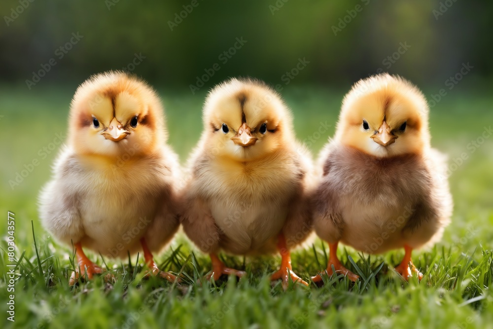 Portrait of small baby chickens on a green grass meadow, bright sunny day, on a ranch in the village, rural surroundings on the background of spring nature