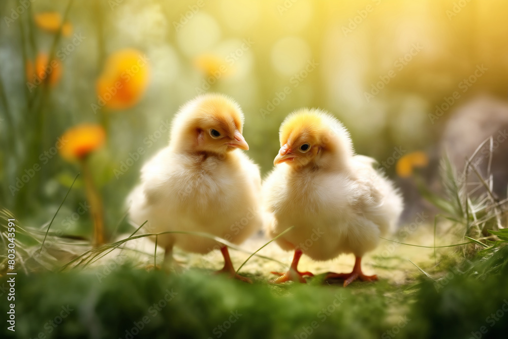 Portrait of small baby chickens on a green grass in the courtyard, bright sunny day, on a ranch in the village, rural surroundings on the background of spring nature