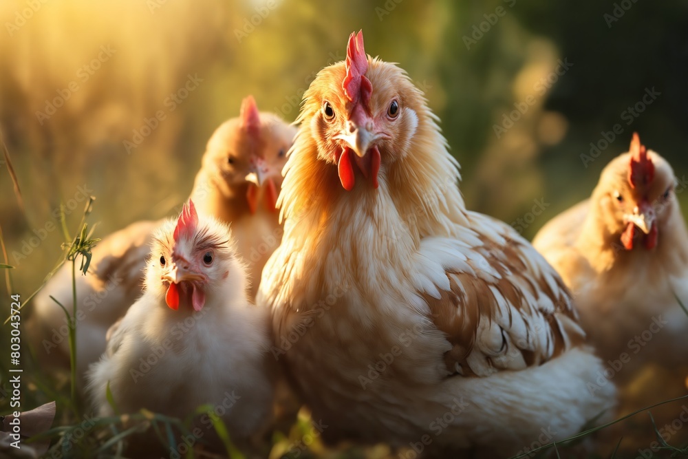 Fototapeta premium Portrait of chickens on a green grass meadow in mountains, bright sunny day, on a ranch in the village, rural surroundings on the background of spring nature
