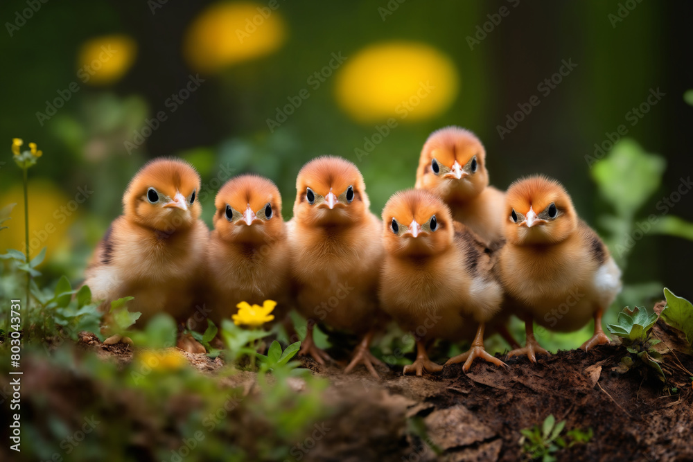 Portrait of small baby chickens on a green grass meadow, bright sunny day, on a ranch in the village, rural surroundings on the background of spring nature