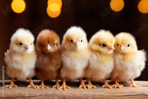 Portrait of small baby chickens on a woods, on a ranch in the village, dark background © soleg