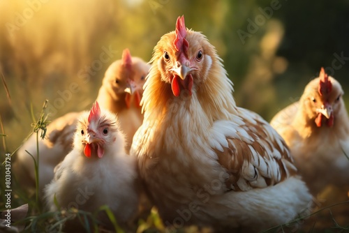 Portrait of chickens on a green grass meadow in mountains, bright sunny day, on a ranch in the village, rural surroundings on the background of spring nature